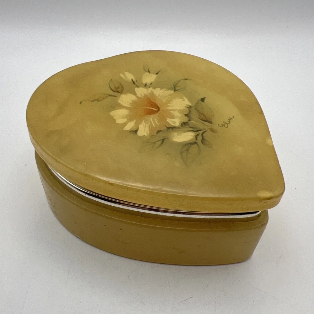 Vintage George Good Italian Alabaster Trinket Box Heart Hinged Painted Flower